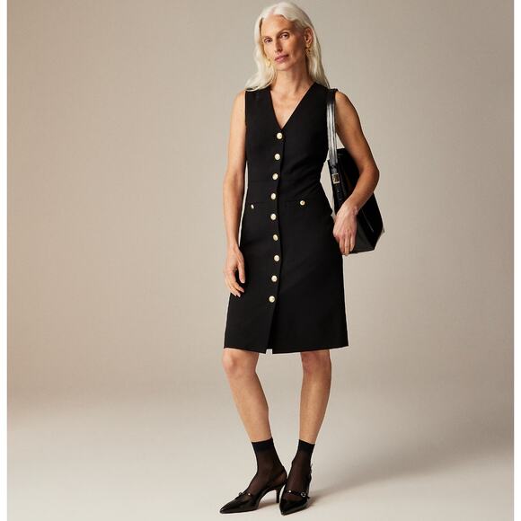 J.Crew Buttoned Sheath Dress Italian Stretch Wool Preppy Office Black US 00 NWT - Picture 1 of 13
